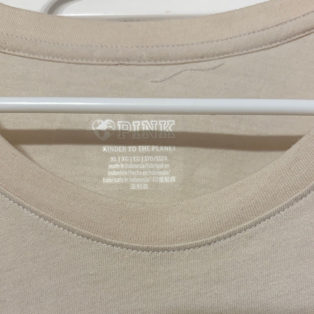 PINK Victoria's Secret Beige Short Sleeve Tee with Silver Script - Picture 2 of 2